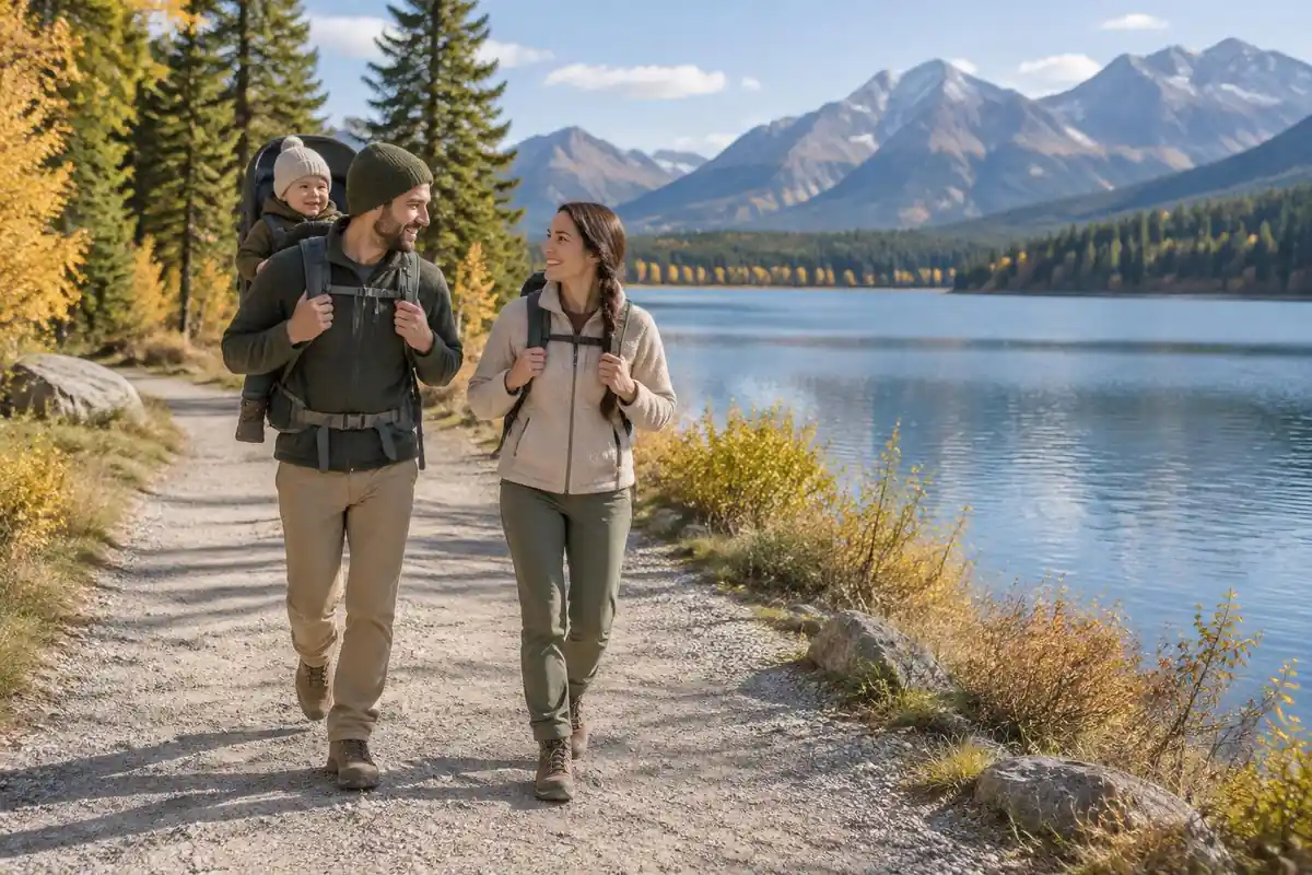Family with a toddler on a paved lakeside path, packs in tow