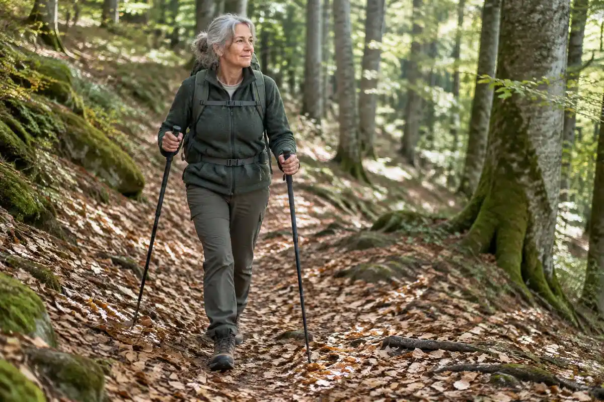 Older hiker with a bad knee using poles on a gentle woodland path
