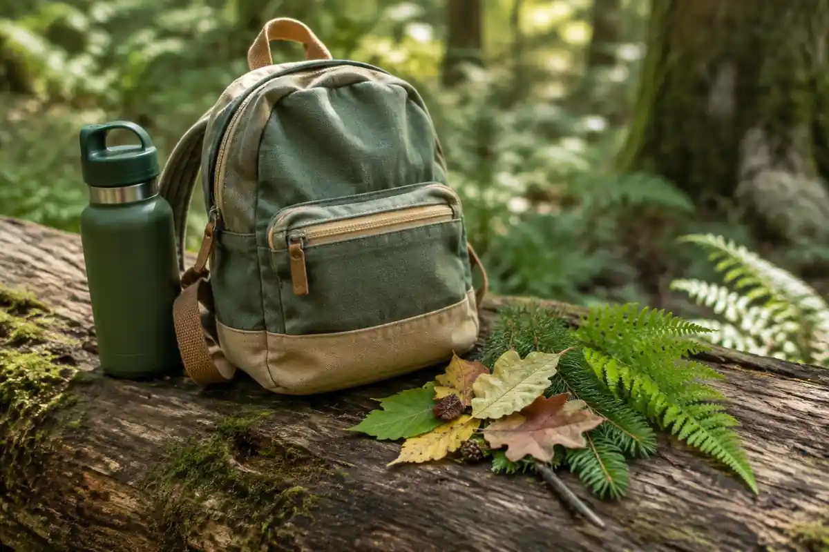 Kid's small pack with a water bottle and a leaf collection