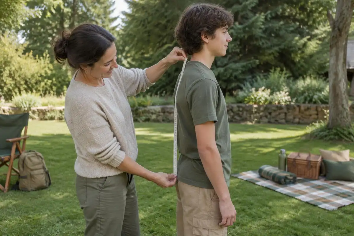 A parent measures a teenager's back length with a soft tape on a garden lawn