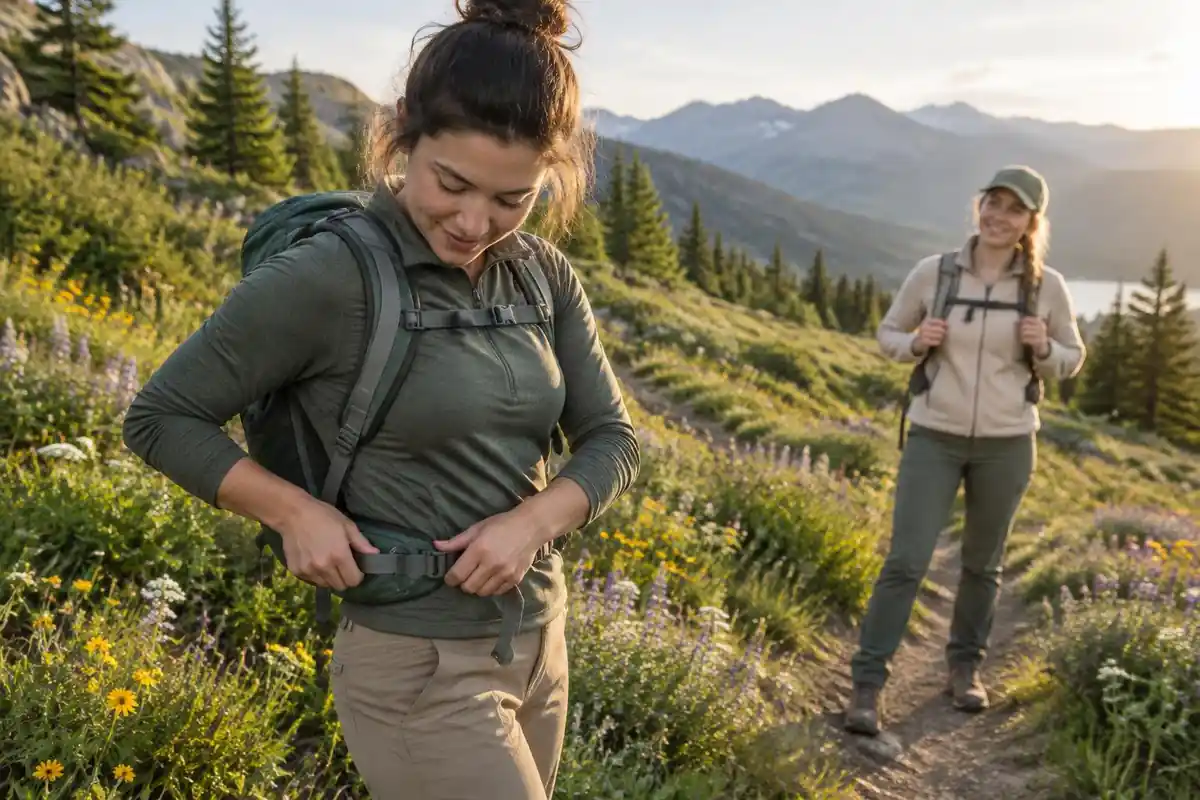 A woman adjusting hip belt on her narrow-frame pack on a hill path