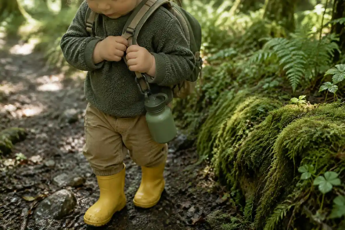 A child's hands hold the strap of a tiny backpack with a bottle clipped on