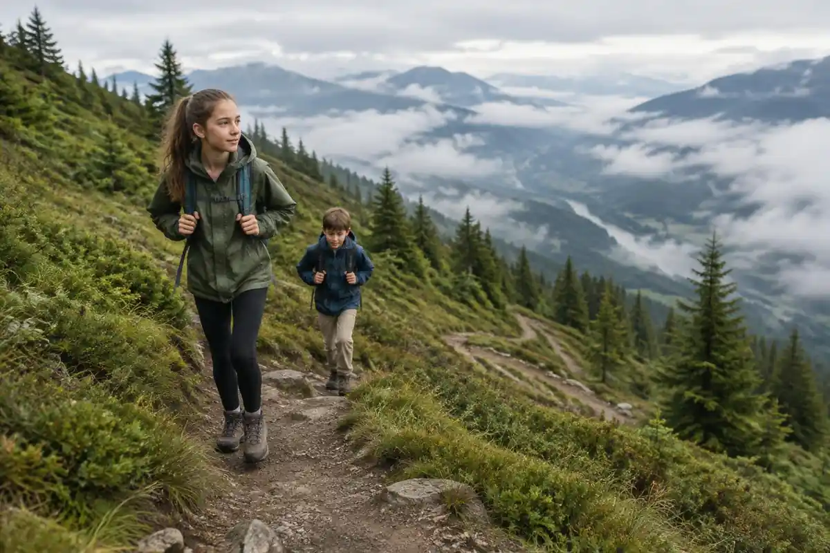 Teenager hiking a switchback hillside with a small adjustable pack