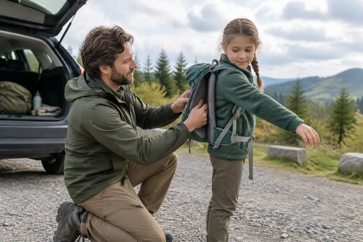 Father adjusting a child's pack back panel length beside a car