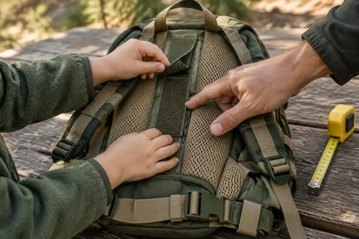 Hands comparing torso length adjustment slots on a small backpack
