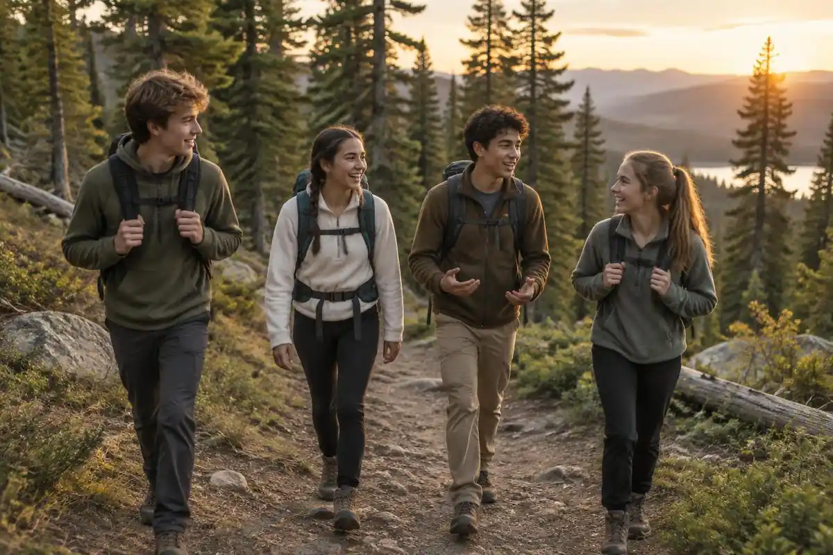 Group of teenagers on a scout-style overnight trail with packs