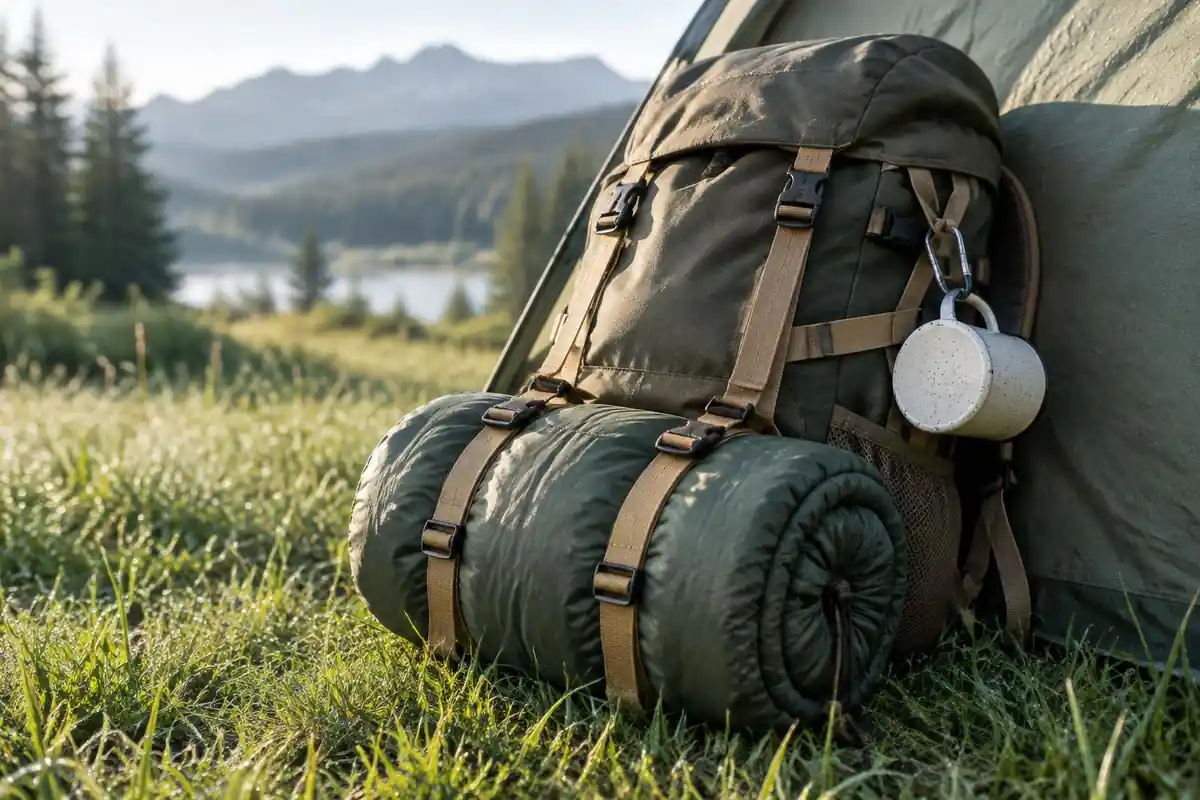 Rolled sleeping bag and camp mug tied outside a teen's first overnight pack