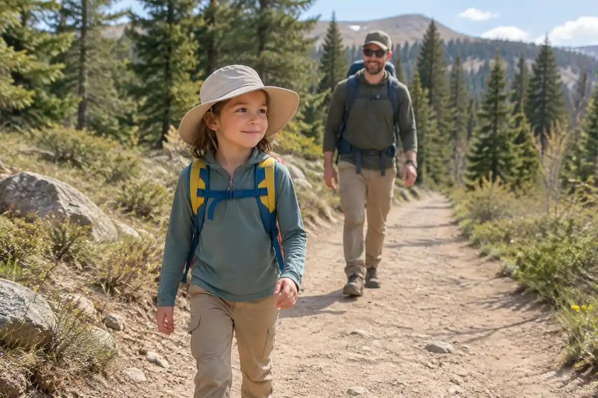 Child walking a trail with a small colourful pack and chest strap