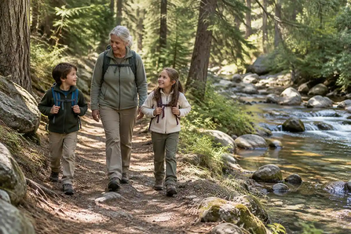 Kids and grandparent hiking beside a shallow stream