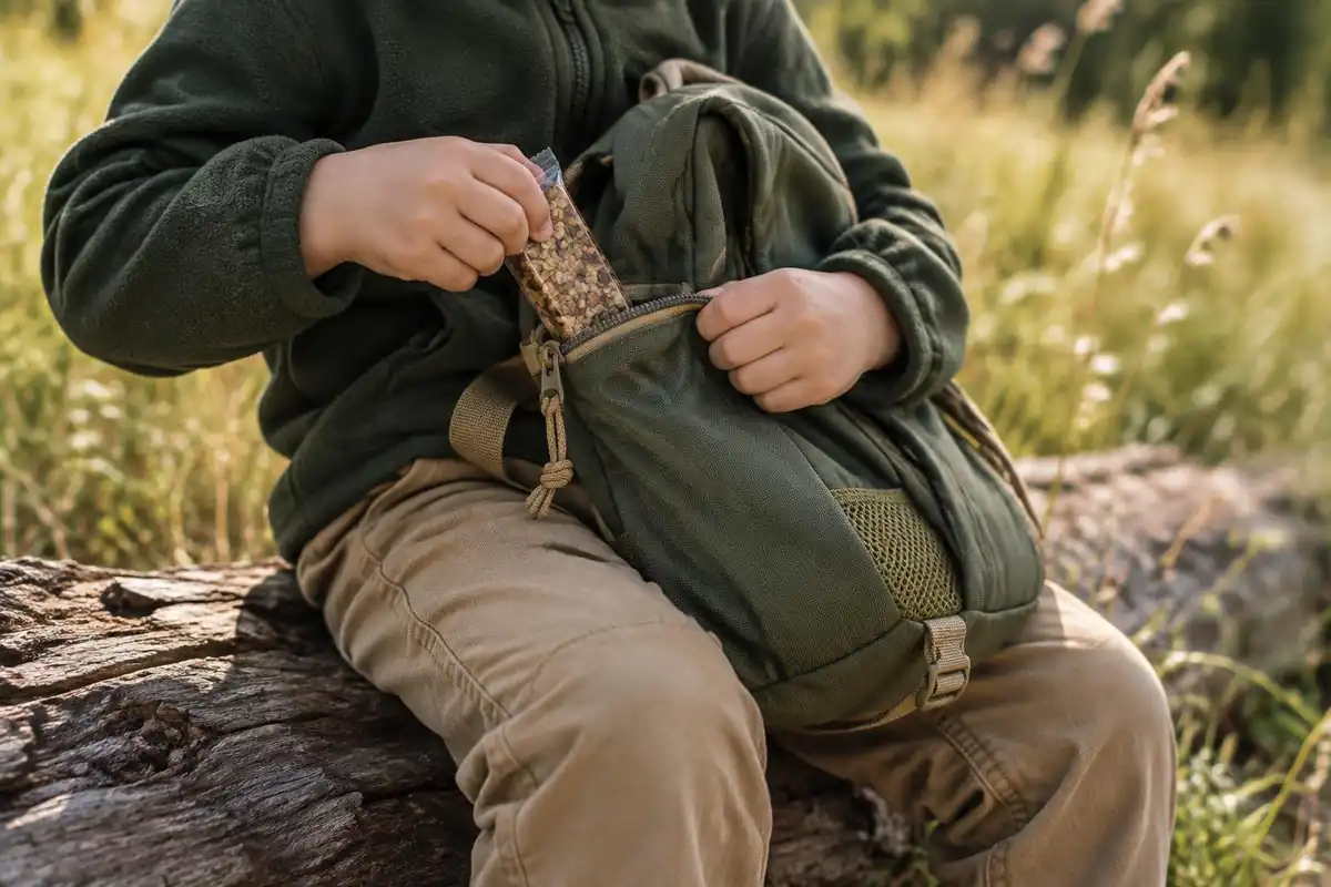 Small hands opening a zipper pocket with a snack