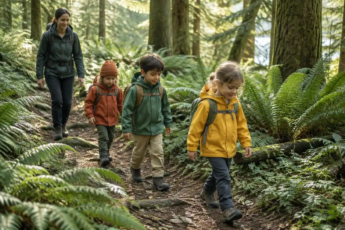 Kids in small packs walking single file through ferns