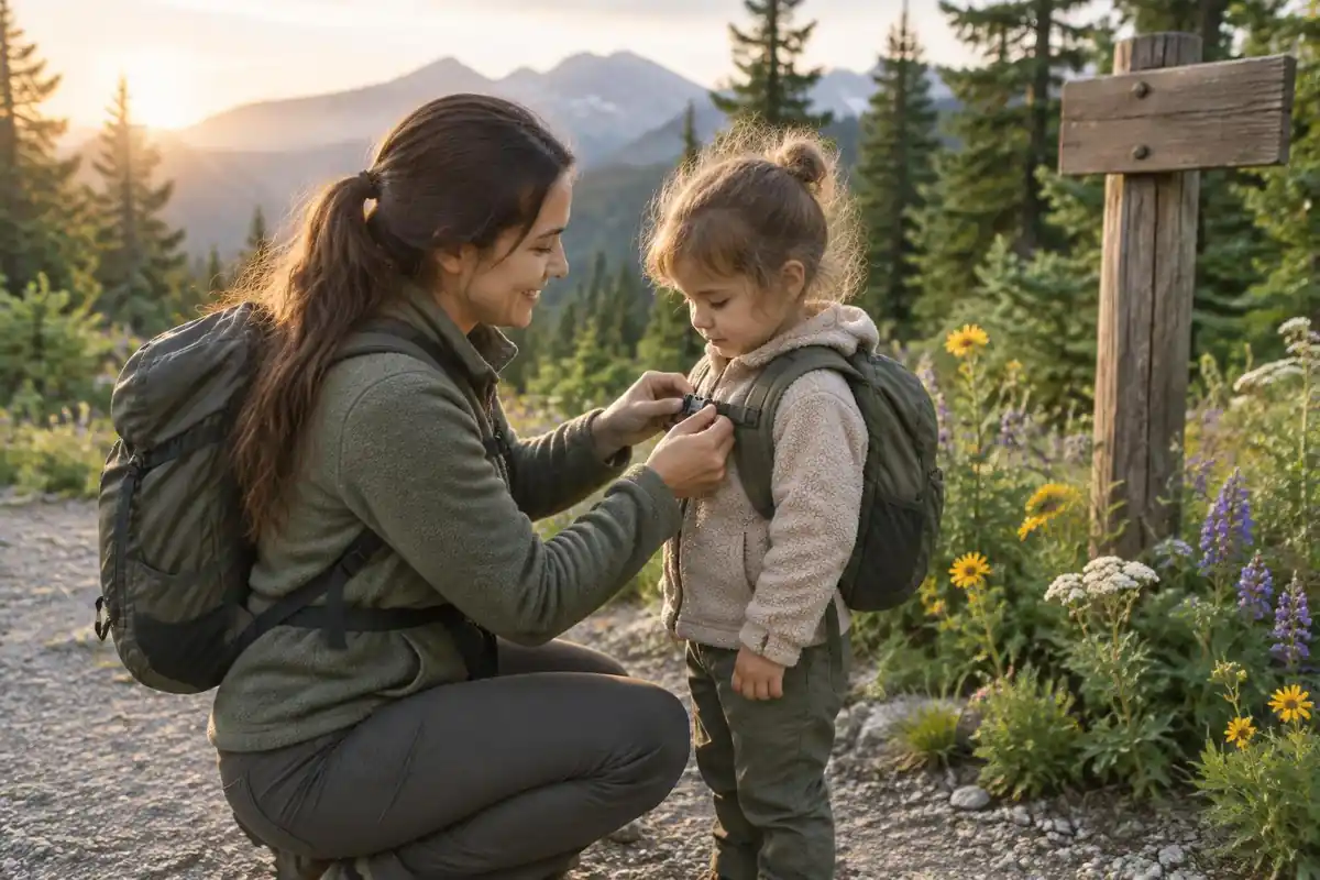 Parent adjusting the chest strap on a child's small backpack