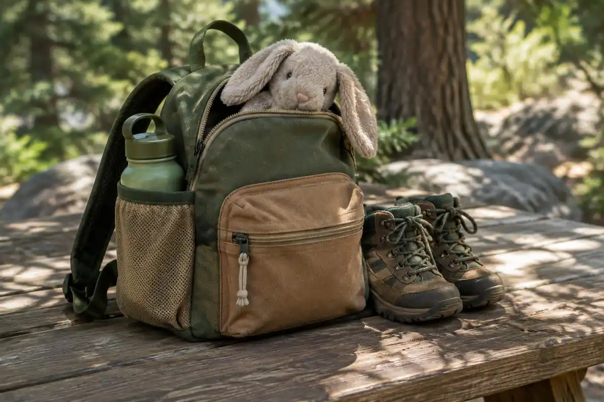 Child's small pack with a water bottle and a stuffed toy peeking out