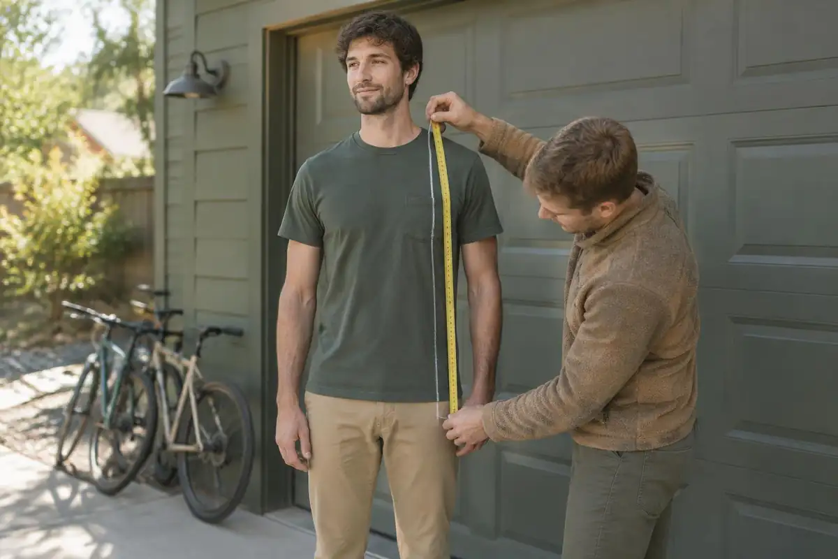 Tall man measuring his back length against a wall in a garage