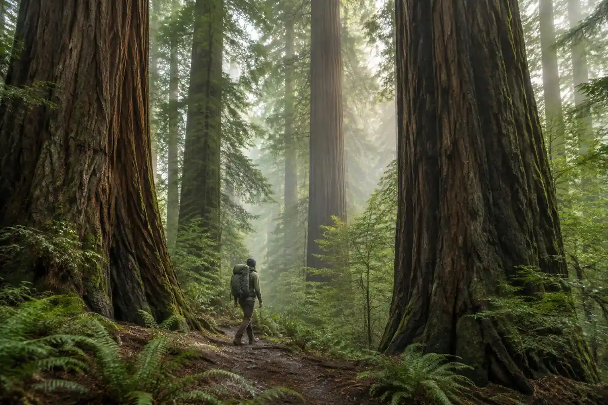 Tall hiker striding a redwood forest trail with a long-back pack