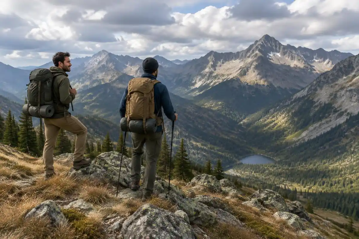 Two men on a rocky ridge with backpacking packs in dry alpine light
