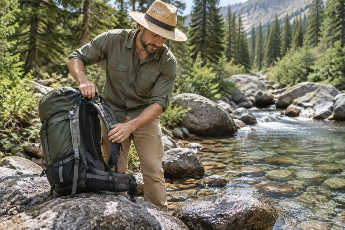 Man setting a pack down and checking its load lifters at a creek