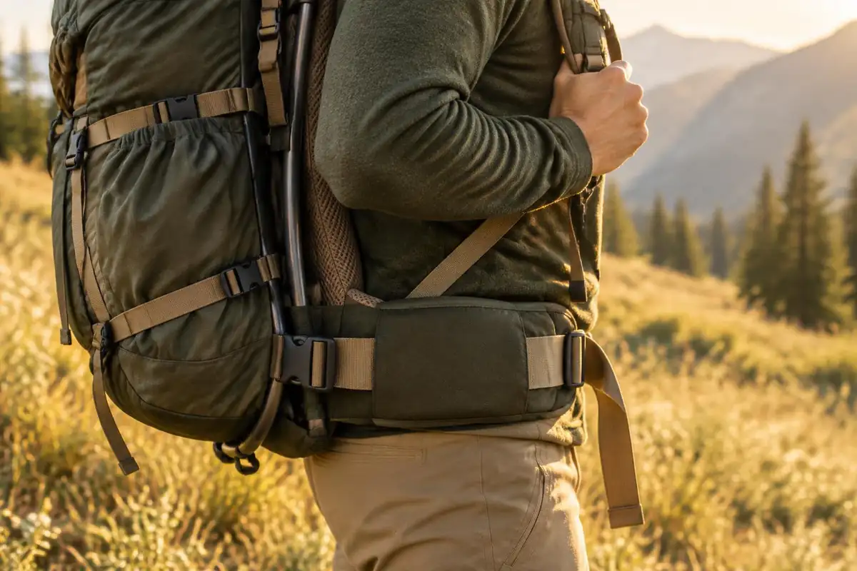 Padded hipbelt and framed back panel on a loaded pack side-on