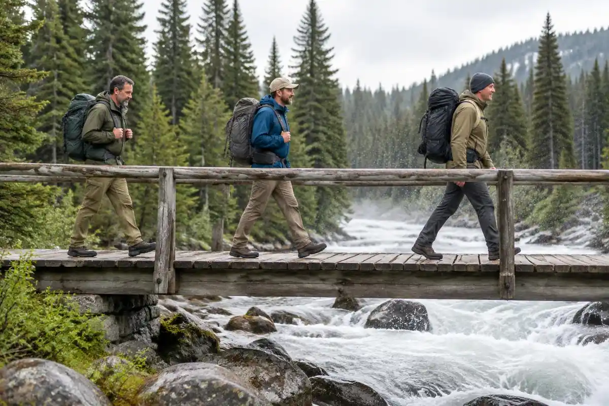 Father and friends crossing a footbridge over a rushing mountain river