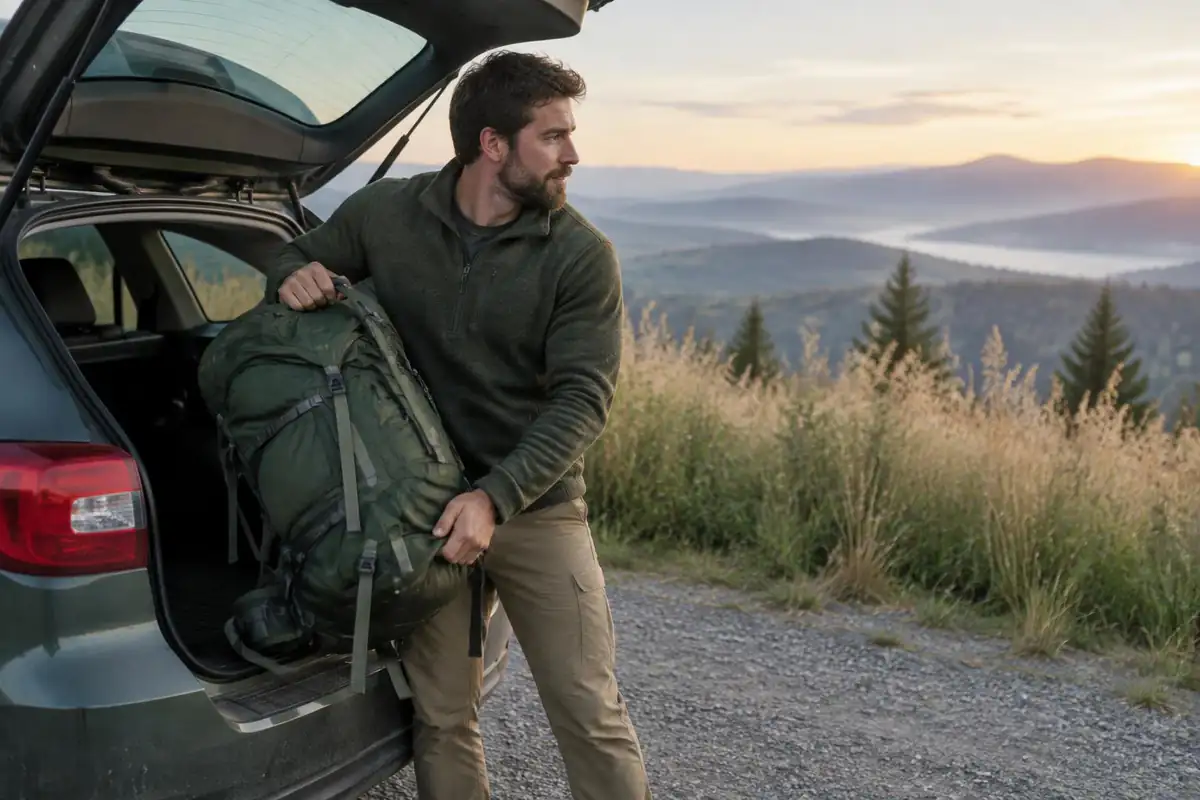 Man heaving a pack from the car boot at a roadside trailhead