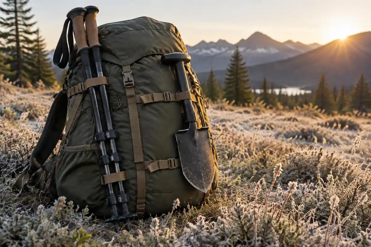Ice axe and trekking poles bundled beside a pack at dawn