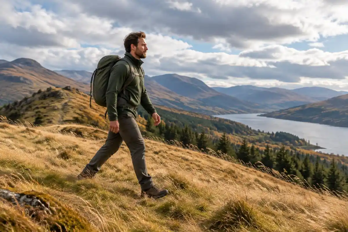 Broad-shouldered man on a windy grass ridge with pack straps sitting flat