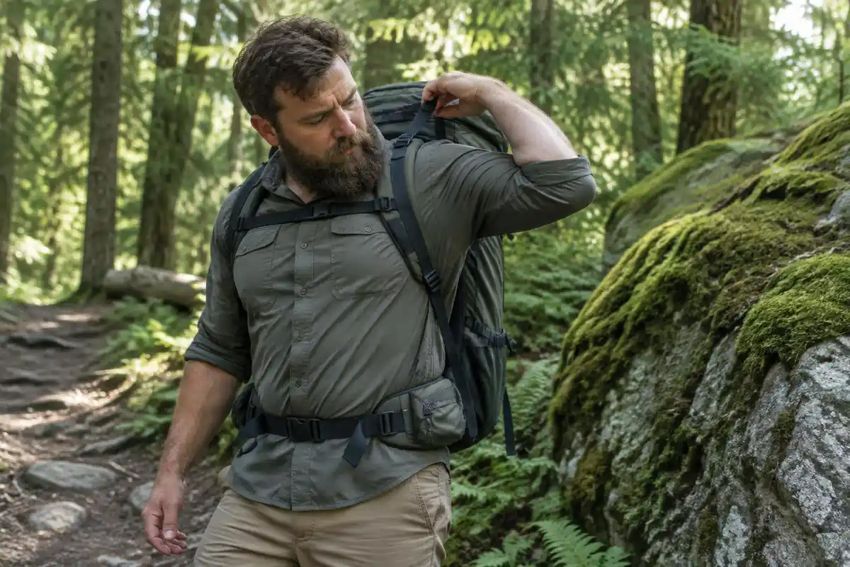 Hiker loosening load lifter straps beside a boulder at a rest stop