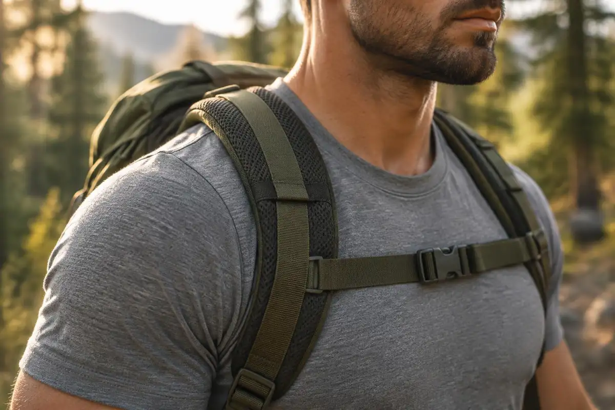 Shoulder strap pressing on a thick shoulder seen through a sleeve