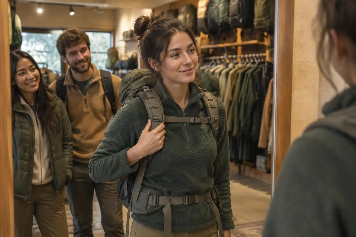 Hiker testing shoulder straps in front of a mirror