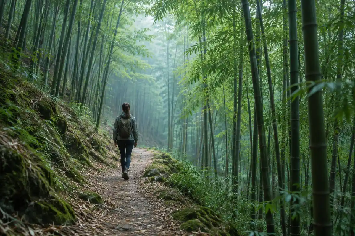 Slim hiker with a small pack walking a path through tall bamboo
