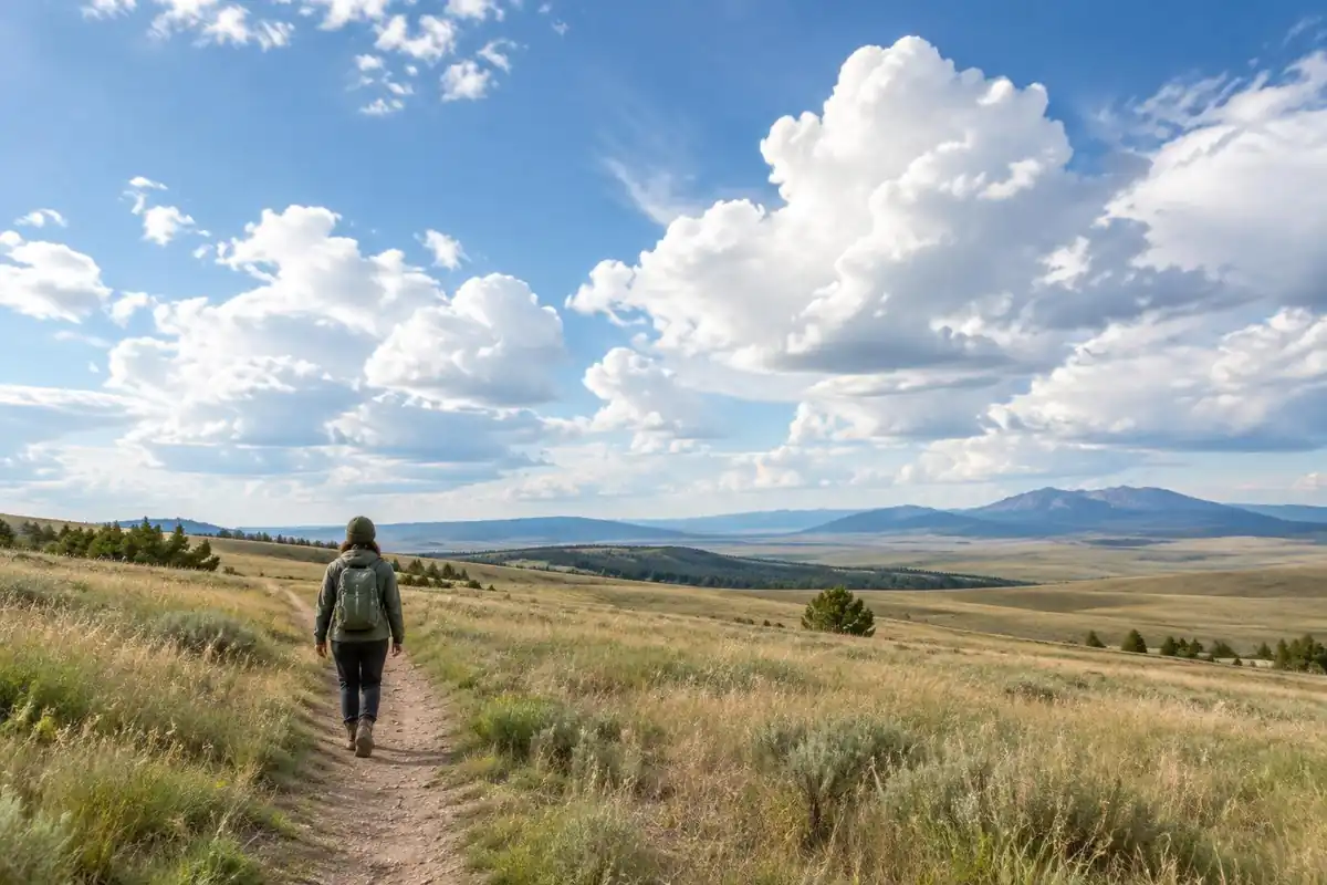 Short-torso hiker on a wide plains trail in bright light
