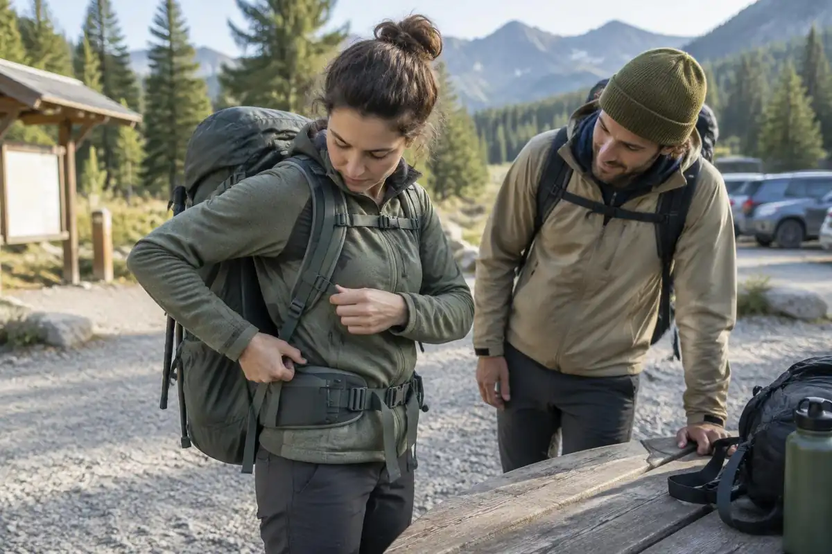 Hiker adjusting the torso slider to the shortest setting