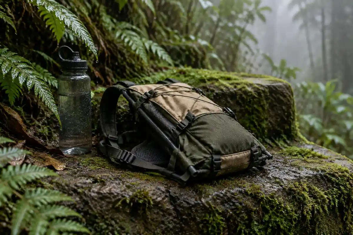 Small extra-small frame pack lying on a mossy stone