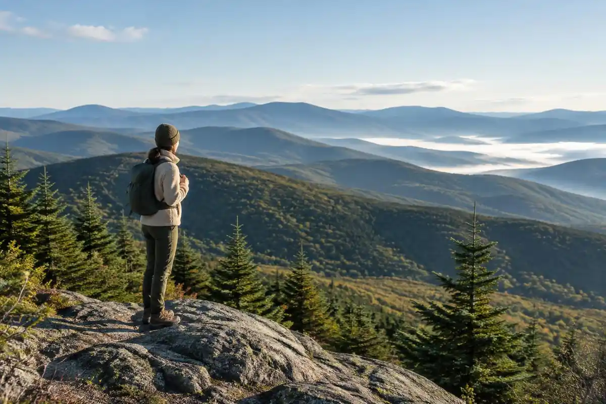 Petite hiker on a rocky viewpoint with a small-frame pack