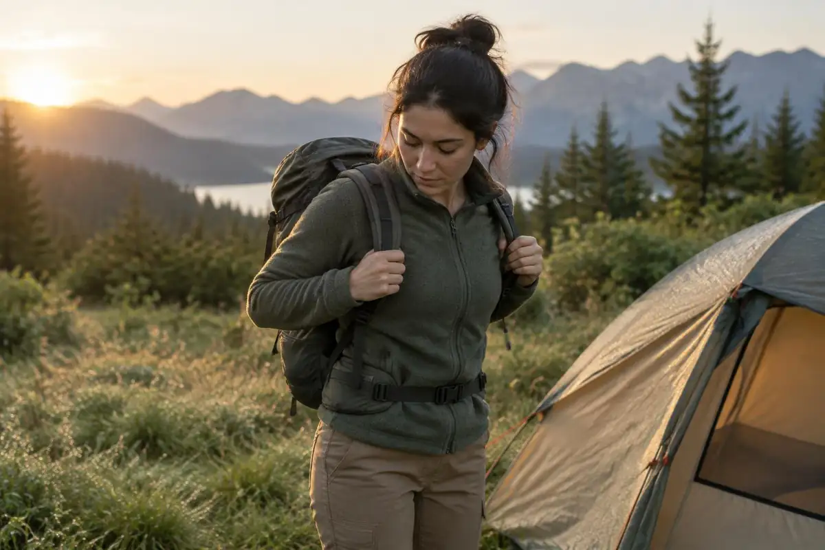 Woman shortening the shoulder straps on a compact pack before leaving camp