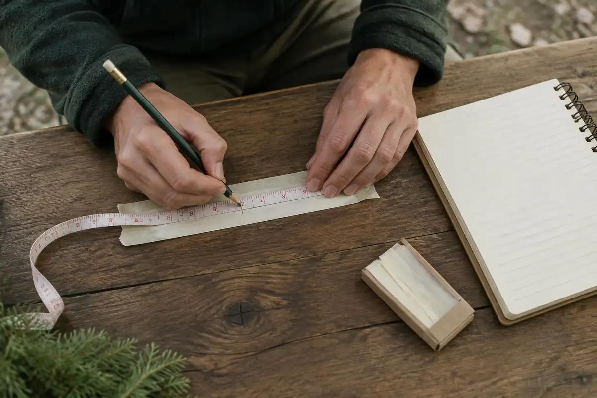 Short-torso measurement marked on a strip of tape with pencil