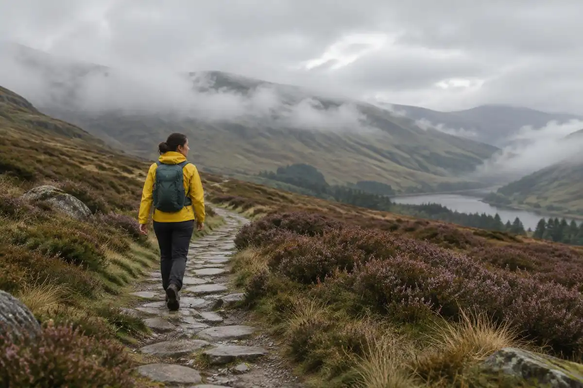 Petite woman on a misty moorland path with a right-sized pack