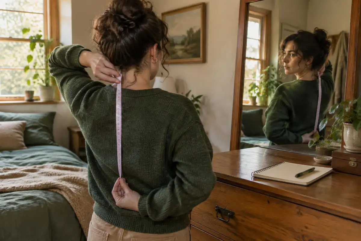 Woman measuring her own torso with a mirror and tape indoors