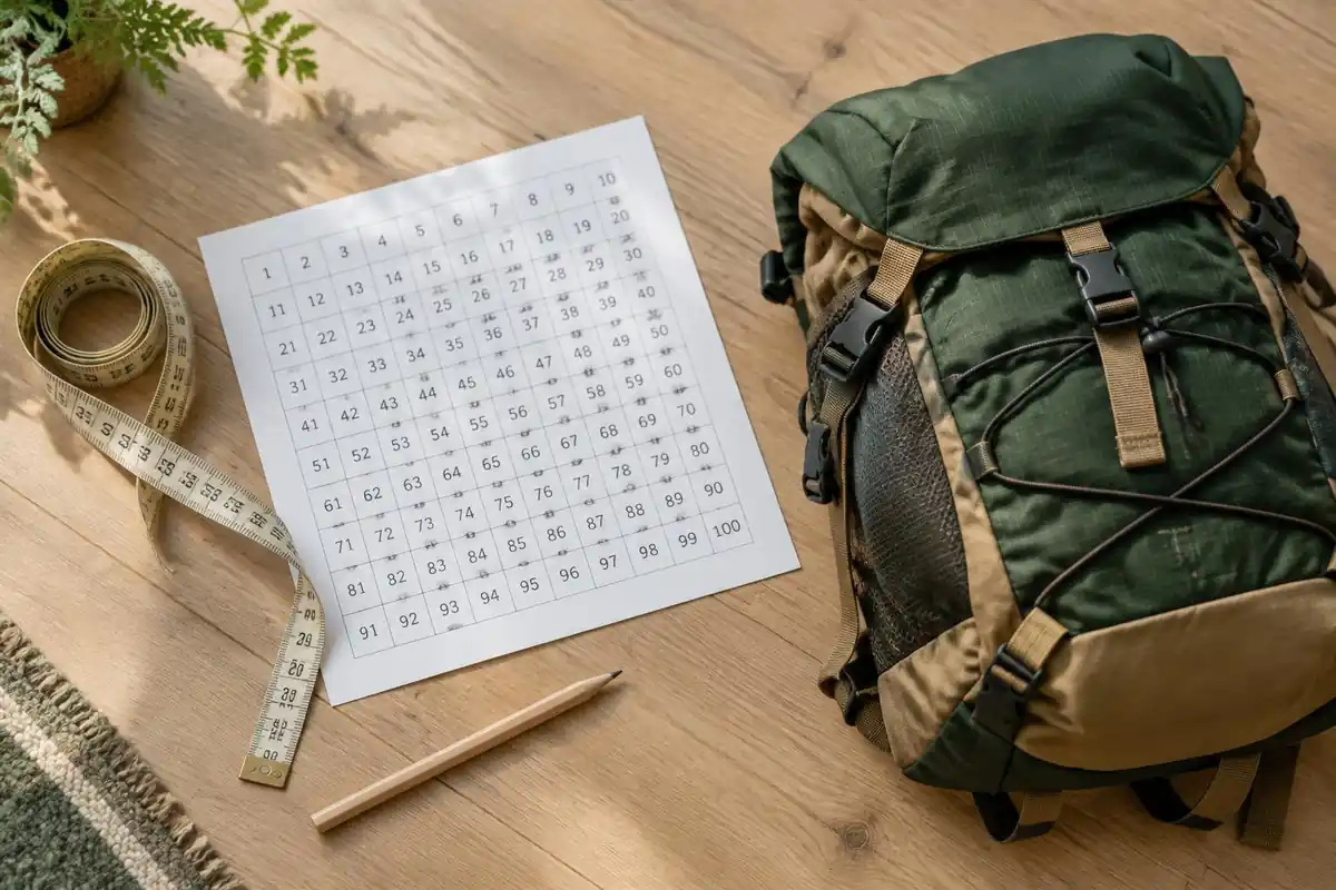 Size chart sheet and tape measure beside a small backpack