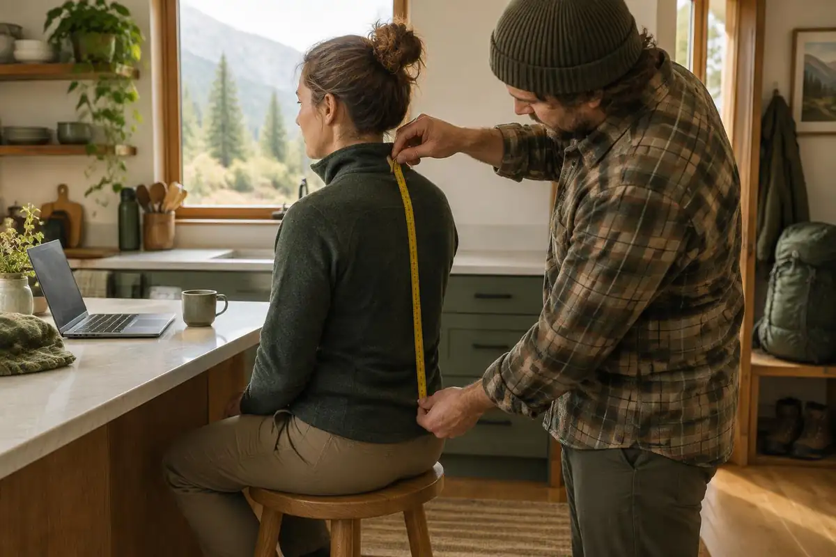 Hiker ordering a custom frame by measuring at home with a partner