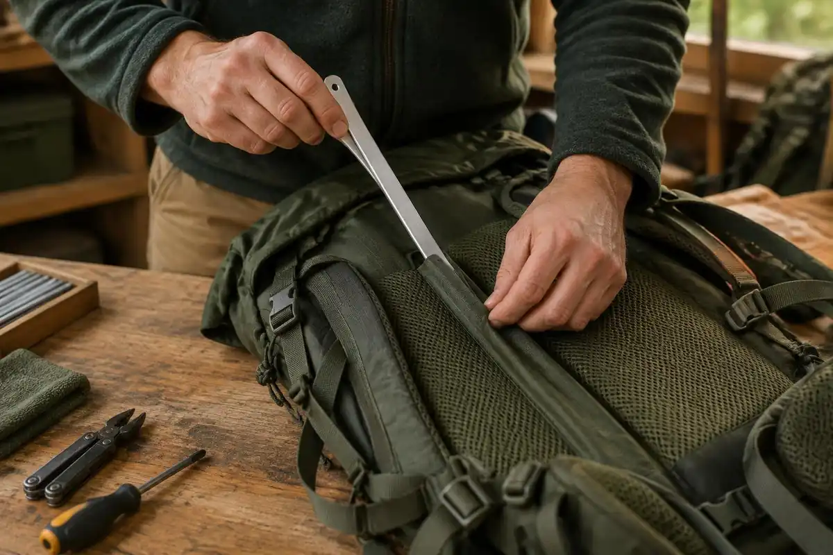 Hands sliding a frame stay into a pack sleeve