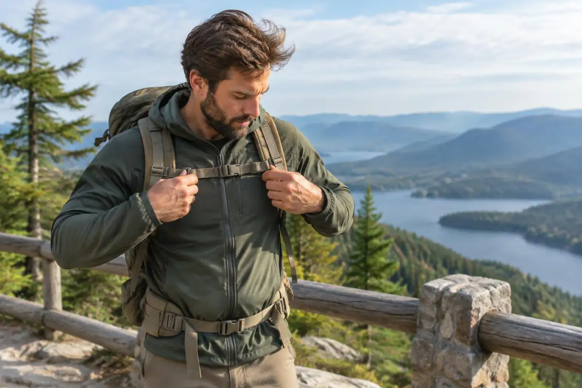 Broad-shouldered hiker adjusting the sternum strap on a wide harness