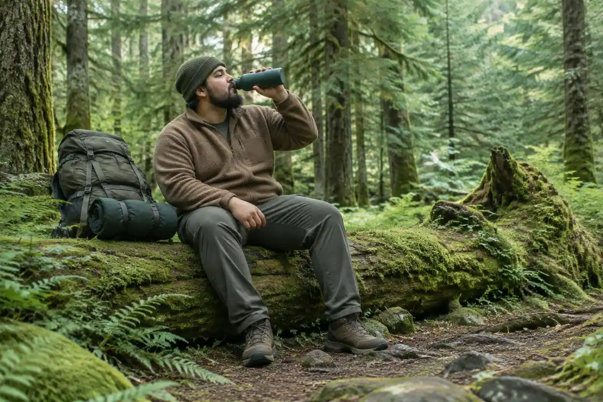 Broad hiker resting on a fallen log in a mossy forest