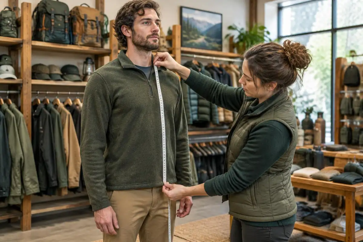 Hiker with a long torso having a shop assistant measure the back
