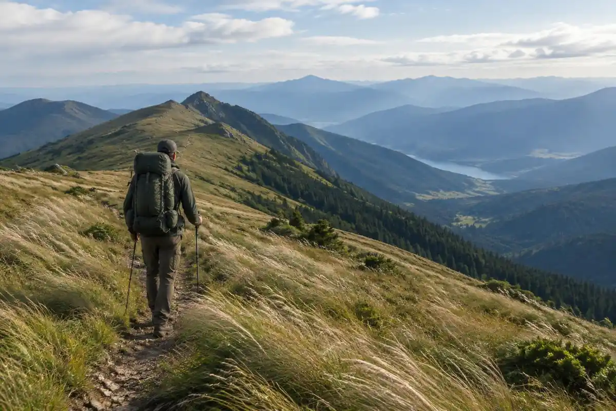 Tall hiker on a big open grass mountain trail