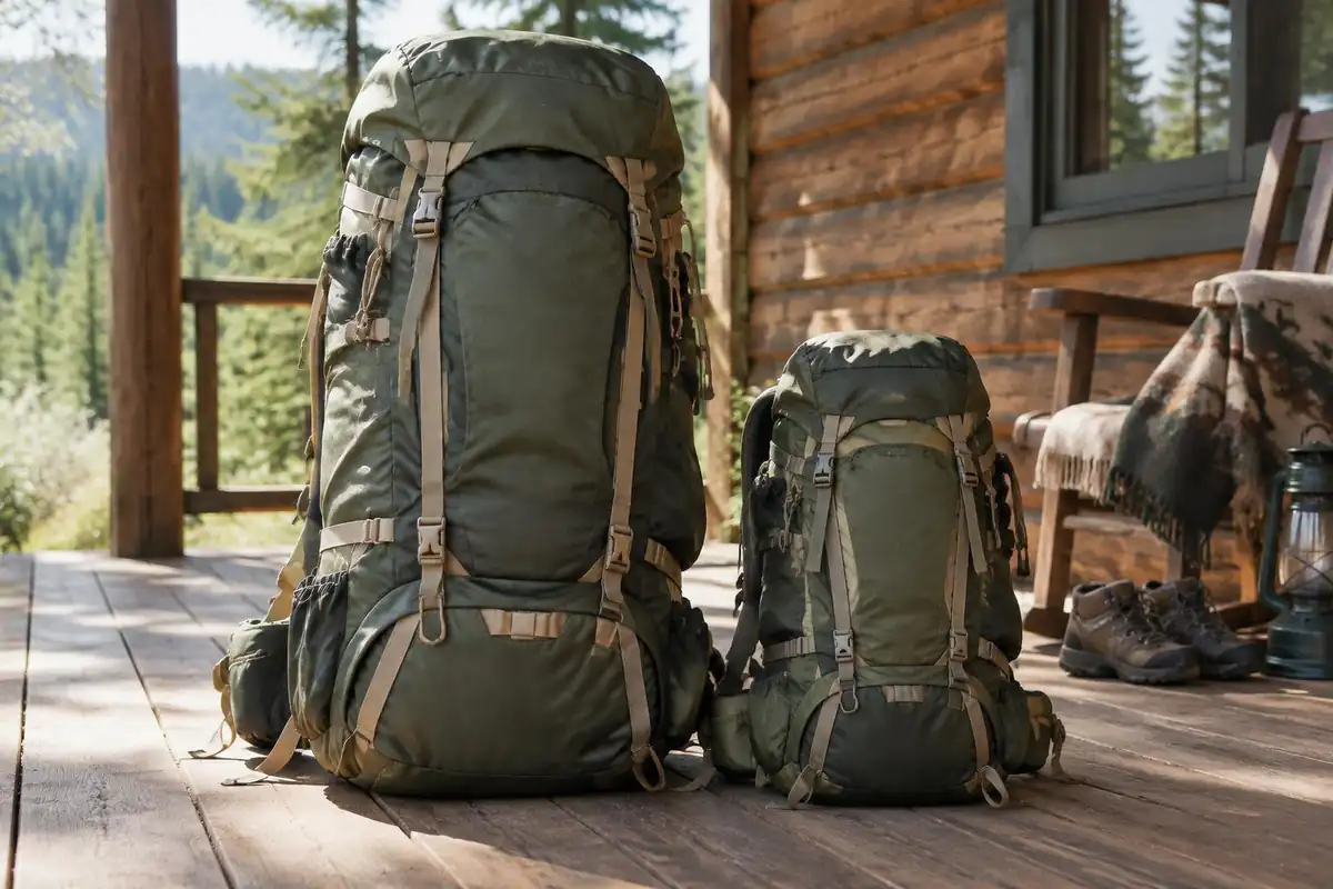 Extra-large frame pack standing next to a normal-size one
