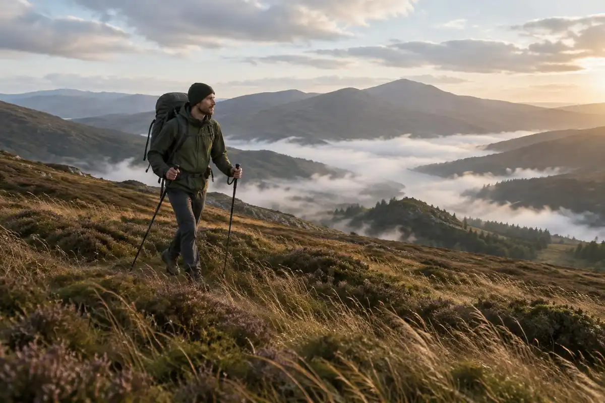 Tall hiker on a ridge path with a long-torso pack and trekking poles