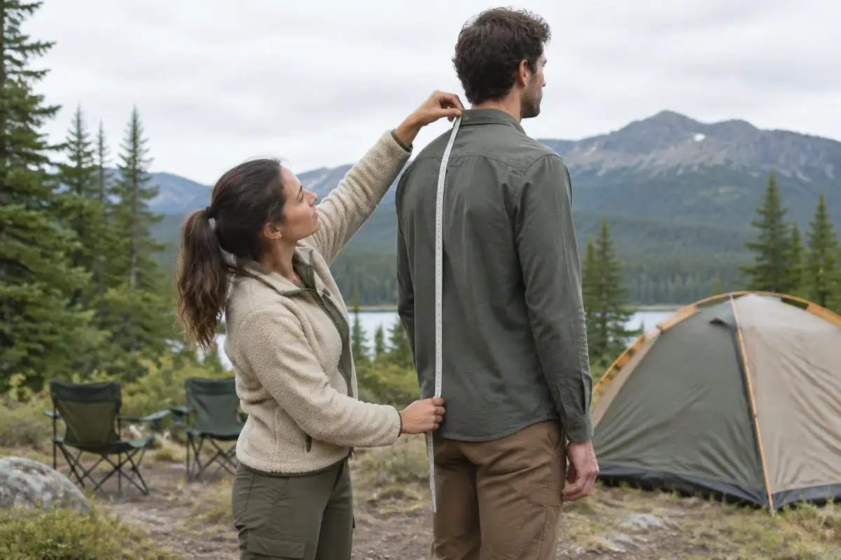 Friend measuring a tall hiker's back with a soft tape at camp