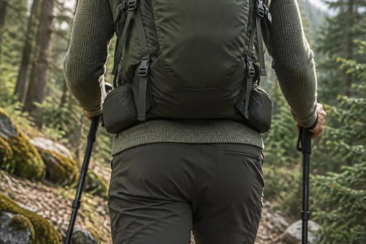 Hip belt sitting high on tall hiker's waist showing long torso fit