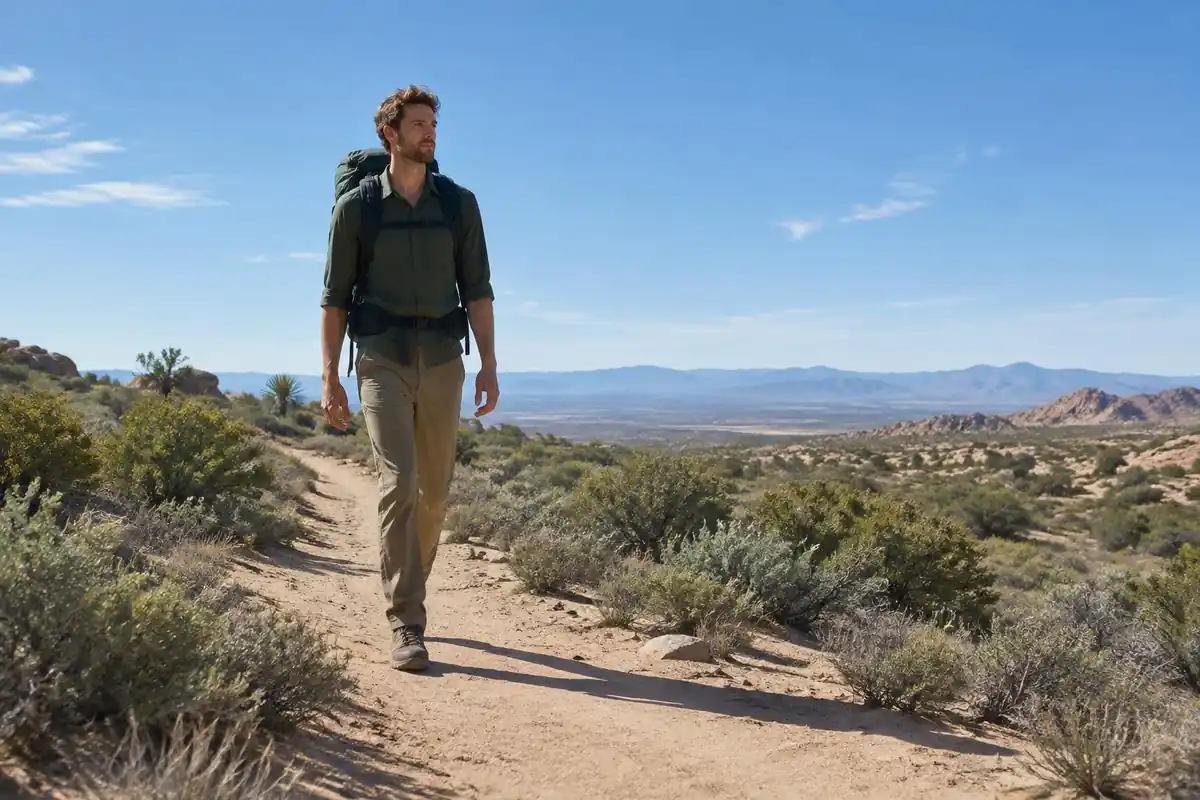 Very tall hiker on a sandy desert trail with long pack